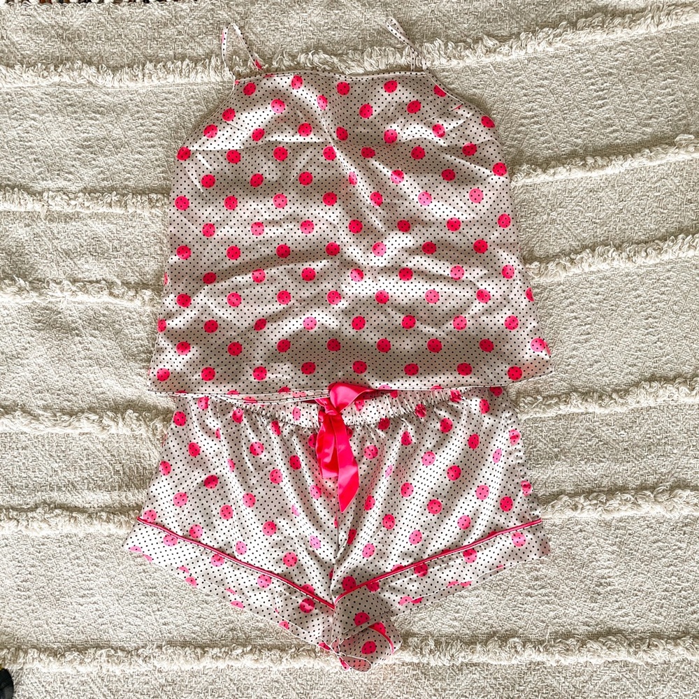 Victoria’s Secret Hot Pink, Off White, and Black Satin Two Piece Lounge Set